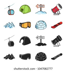 Mountains, goggles, an igloo, a snowboard. Ski resort set collection icons in black,cartoon style vector symbol stock illustration web.
