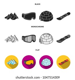 Mountains, goggles, an igloo, a snowboard. Ski resort set collection icons in black, flat, monochrome style vector symbol stock illustration web.