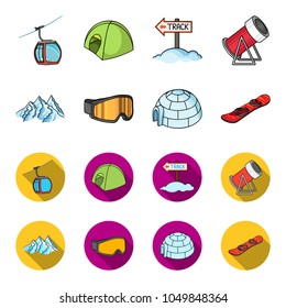 Mountains, goggles, an igloo, a snowboard. Ski resort set collection icons in cartoon,flat style vector symbol stock illustration web.