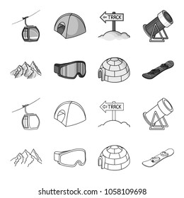 Mountains, goggles, an igloo, a snowboard. Ski resort set collection icons in outline,monochrome style vector symbol stock illustration web.