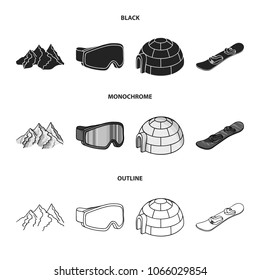 Mountains, goggles, an igloo, a snowboard. Ski resort set collection icons in black,monochrome,outline style vector symbol stock illustration web.