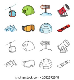 Mountains, goggles, an igloo, a snowboard. Ski resort set collection icons in cartoon,outline style vector symbol stock illustration web.