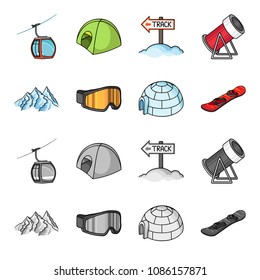 Mountains, goggles, an igloo, a snowboard. Ski resort set collection icons in cartoon,monochrome style vector symbol stock illustration web.