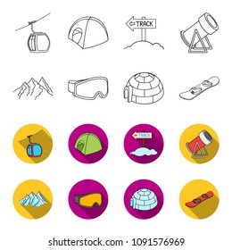 Mountains, goggles, an igloo, a snowboard. Ski resort set collection icons in outline,flat style vector symbol stock illustration web.