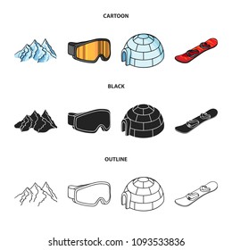 Mountains, goggles, an igloo, a snowboard. Ski resort set collection icons in cartoon,black,outline style vector symbol stock illustration web.