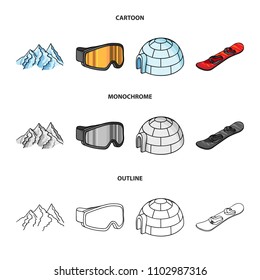 Mountains, goggles, an igloo, a snowboard. Ski resort set collection icons in cartoon,outline,monochrome style vector symbol stock illustration web.