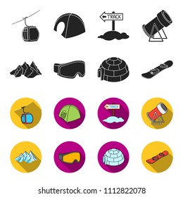 Mountains, goggles, an igloo, a snowboard. Ski resort set collection icons in black,flet style vector symbol stock illustration web.