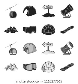 Mountains, goggles, an igloo, a snowboard. Ski resort set collection icons in black,monochrome style vector symbol stock illustration web.