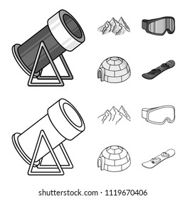 Mountains, goggles, an igloo, a snowboard. Ski resort set collection icons in outline,monochrome style vector symbol stock illustration web.
