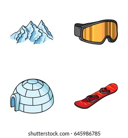 Mountains, goggles, an igloo, a snowboard. Ski resort set collection icons in cartoon style vector symbol stock illustration web.