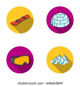 Mountains, goggles, an igloo, a snowboard. Ski resort set collection icons in flat style vector symbol stock illustration web.