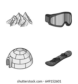 Mountains, goggles, an igloo, a snowboard. Ski resort set collection icons in monochrome style vector symbol stock illustration web.