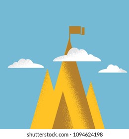 Mountains with gold flag on background of blue sky, success or mission concept.