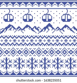 Mountains and gondolas ski and snowboard vector seamless pattern -  Fair Isle style traditional knitwear. Scottish retro textile folk art background inspired by traditional patterns