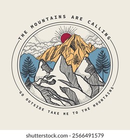 Mountains graphics. mountain vector. retro graphics. hand drawn illustration. print design. vintage outdoors vector. autumn winter spring summer artwork. graphic tee. t shirt design, sweatshirt print.