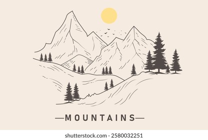 Mountains graphics vector sketch with tree
