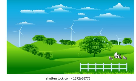 Mountains, grasslands, green trees with black cows
