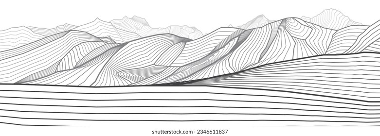 Mountains gray outline illustration.  Hills landscape. Sand dunes. Abstract lines image. Vector design art