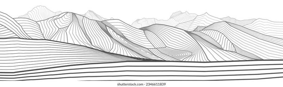 Mountains gray outline illustration.  Hills landscape. Sand dunes. Abstract lines image. Vector design art