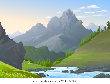 Mountains, green fields, forest and the river