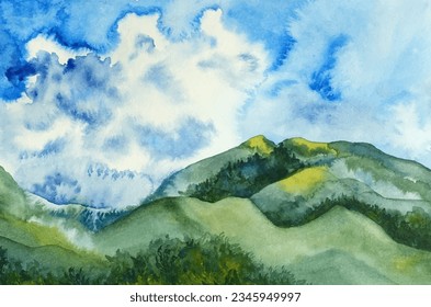 Montañas con bosque verde, nubes blancas sobre la ilustración vectorial del cielo azul en estilo acuarela. Hermoso paisaje con montañas verdes, bosque, cielo artístico nublado, lugar de senderismo de verano