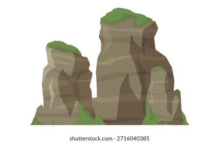 Mountains with green grass in a vector design showing natural landscape elements and varying shapes and heights of rock formations