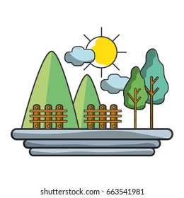 mountains with grid wood and trees