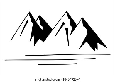 Mountains, hand drawn black and white vector illustration on white background, logo template, label template