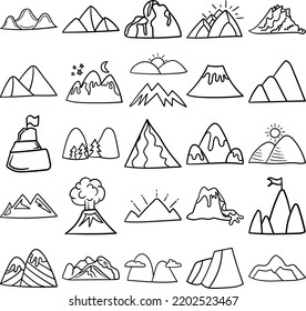 Mountains Hand Drawn Doodle Line Art Outline Set Containing mountain, mountains, bluff, cliff, peak, pile, ridge, sierra, volcano, alp, bank, butte, crag, dome, drift, glob, heap, height, hump, mass