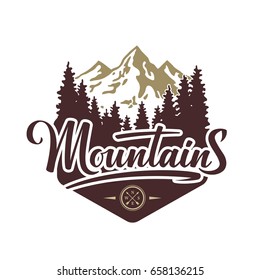 Mountains hand drawn illustration with lettering elements. Typographic emblem.