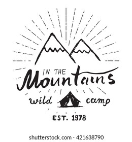 Mountains hand drawn sketch emblem. outdoor camping and hiking activity, Extreme sports, outdoor adventure symbol, vector illustration isolated on white background.