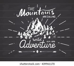 Mountains hand drawn sketch emblem. outdoor camping and hiking activity, Extreme sports, outdoor adventure symbol, vector illustration on chalkboard background.