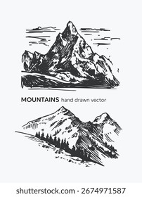 Montanhas, esboço desenhado à mão, ilustração realista vetorial