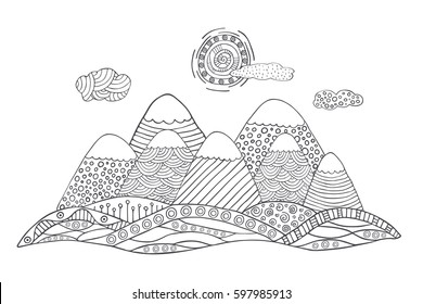 Mountains in hand drawn style with cute sun and clouds. Vector landscape in black and white.