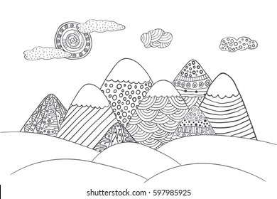 Mountains in hand drawn style with cute sun and clouds. Vector landscape in black and white.