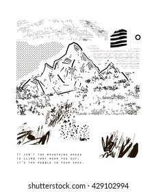 Mountains, hand drawn vector illustration. Art poster.