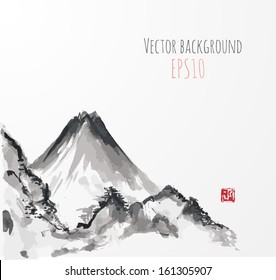 Mountains, hand-drawn with ink in traditional Japanese style sumi-e. Vector illustration.