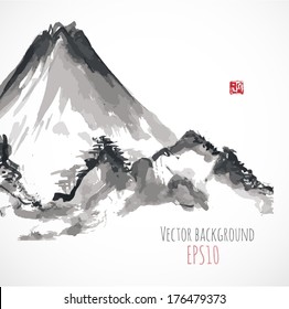 Mountains, hand-drawn with ink in traditional Japanese style sumi-e. Vector illustration. 