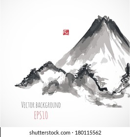 Mountains, hand-drawn with ink in traditional Japanese style sumi-e. Vector illustration. 