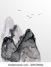 Mountains, hand-drawn with ink in traditional Japanese style sumi-e. Vector illustration. 