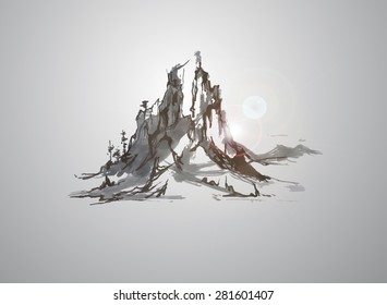Mountains, hand-drawn with ink in traditional Japanese style sumi-e. Vector illustration.