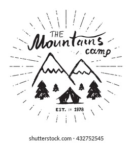 Mountains handdrawn sketch emblem. outdoor camping and hiking activity, Extreme sports, outdoor adventure symbol, vector illustration isolated on white background.