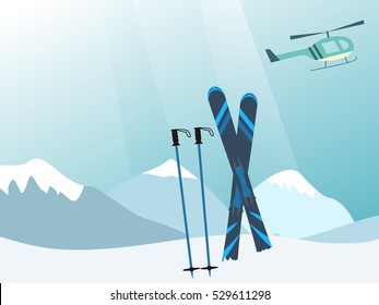 Mountains, helicopter and ski equipment in the snow. vector