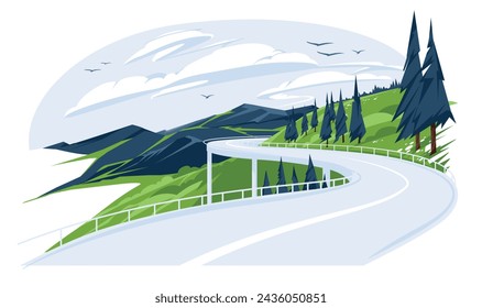 Montañas autopista primavera o verano paisaje. Prado verde con árboles de coníferas en el valle. Ilustración plana vectorial. Turismo y viajes.