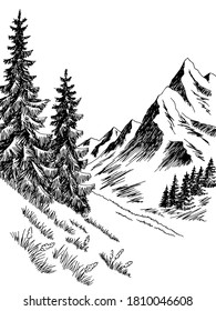 Mountains hill graphic black white vertical landscape sketch illustration vector