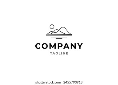 logo de mountain hill con lago en estilo de diseño lineal simple