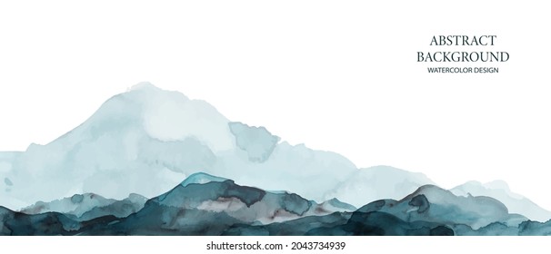 Mountains, Hills Abstract Panorama. Blue, Grey Watercolor Wash. Modern Minimal Abstract Background. Landscape Painting.