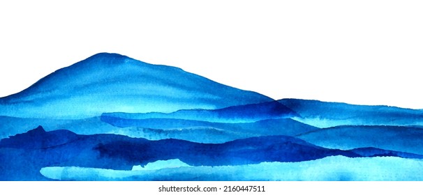 Mountains, hills abstract panorama. Blue, grey watercolor wash. Modern minimal abstract background. Landscape painting.