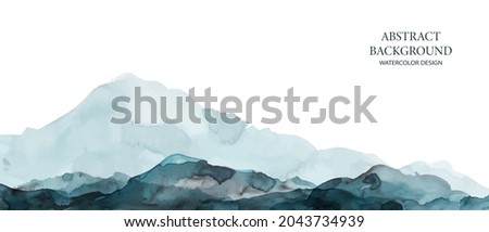 Mountains, hills abstract panorama. Blue, grey watercolor wash. Modern minimal abstract background. Landscape painting.