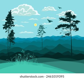 Mountains and hills blue landscape. Hand drawing. Not AI. Vector illustration.